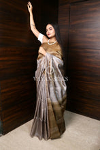 Load image into Gallery viewer, Grey Olive Woven Tussar Silk Saree