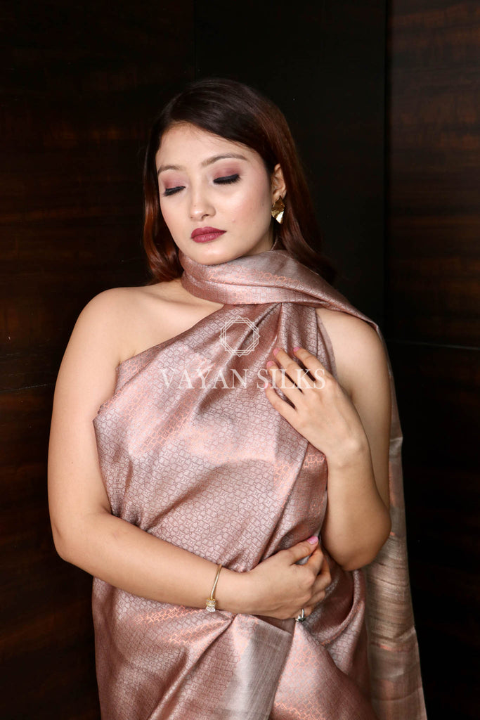 Copper Grey Pure Tussar Silk Saree