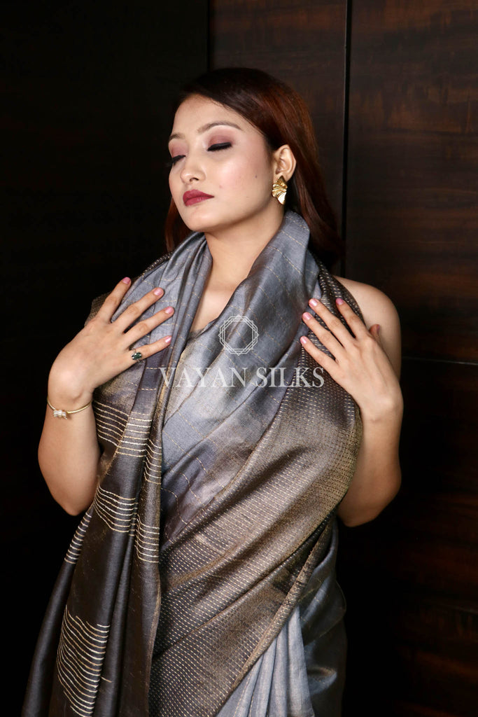 Grey Woven Tussar Silk Saree