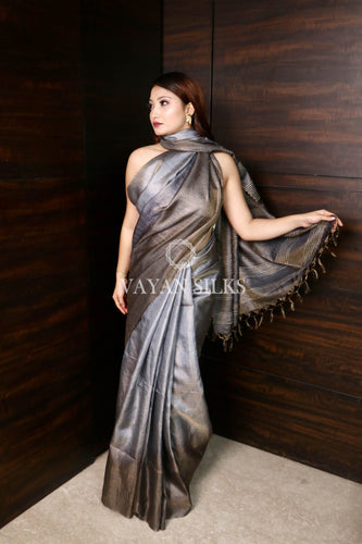 Grey Woven Tussar Silk Saree