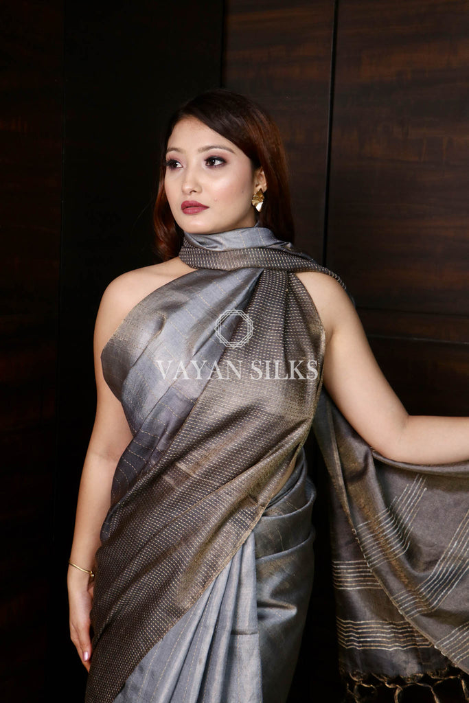 Grey Woven Tussar Silk Saree