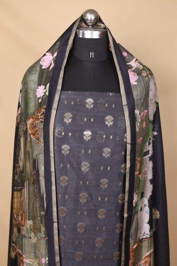 Black Banarasi Silk Unstitched Suit Set