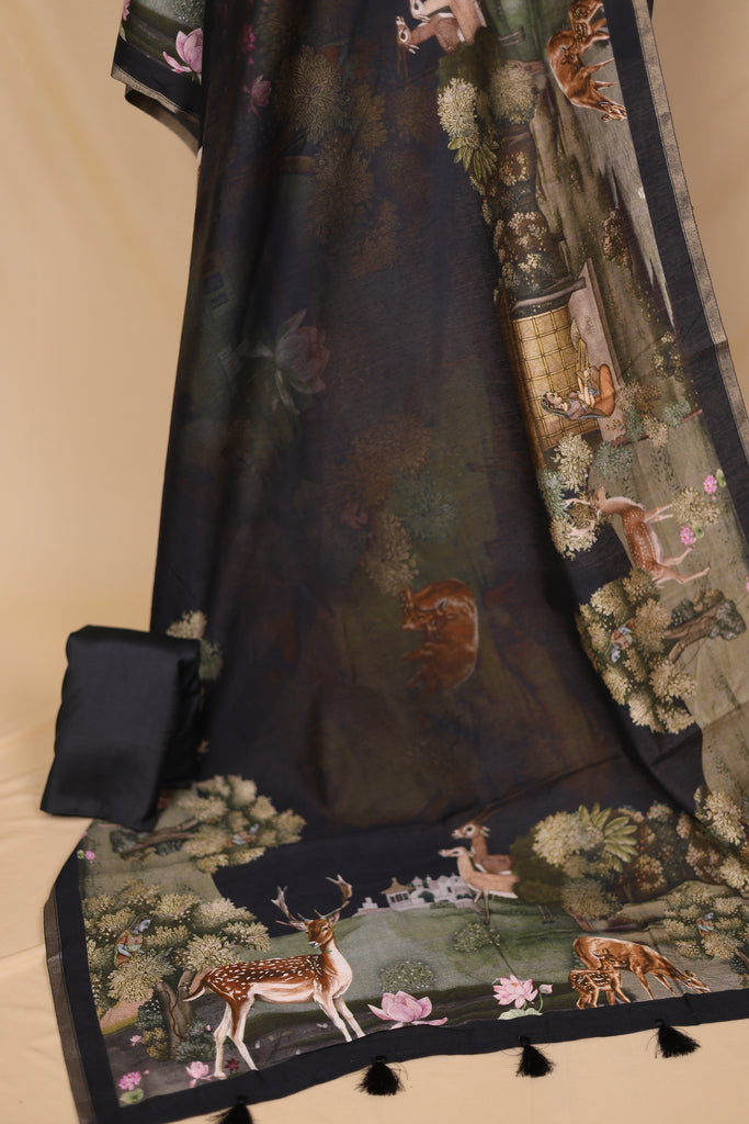 Black Banarasi Silk Unstitched Suit Set
