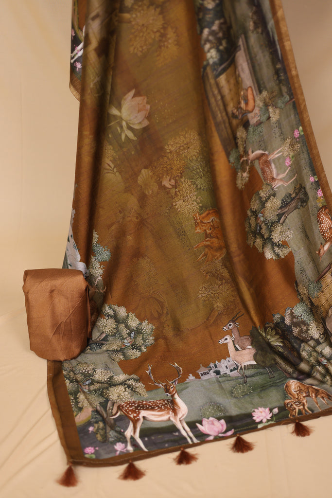 Brown Banarasi Silk Unstitched Suit Set