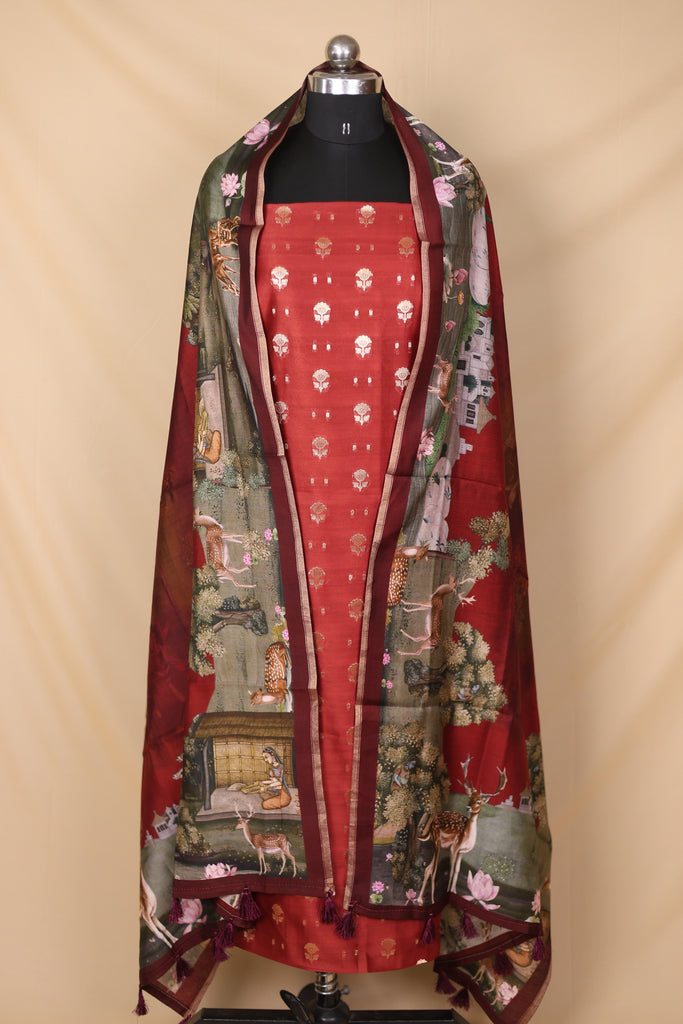 Maroon Banarasi Silk Unstitched Suit Set