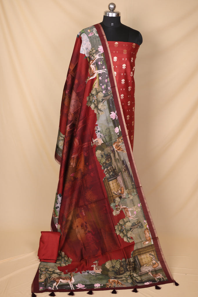Maroon Banarasi Silk Unstitched Suit Set