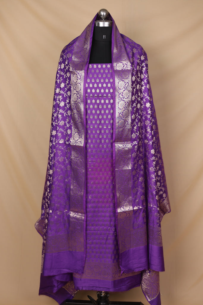 Purple Banarasi Silk Unstitched Suit Set