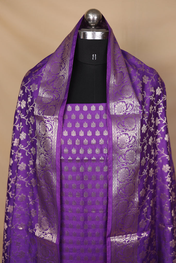 Purple Banarasi Silk Unstitched Suit Set