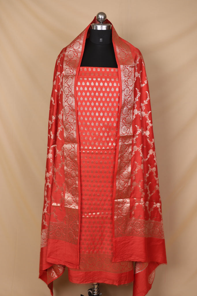 Tomato Red Banarasi Silk Unstitched Suit Set