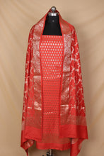 Load image into Gallery viewer, Tomato Red Banarasi Silk Unstitched Suit Set