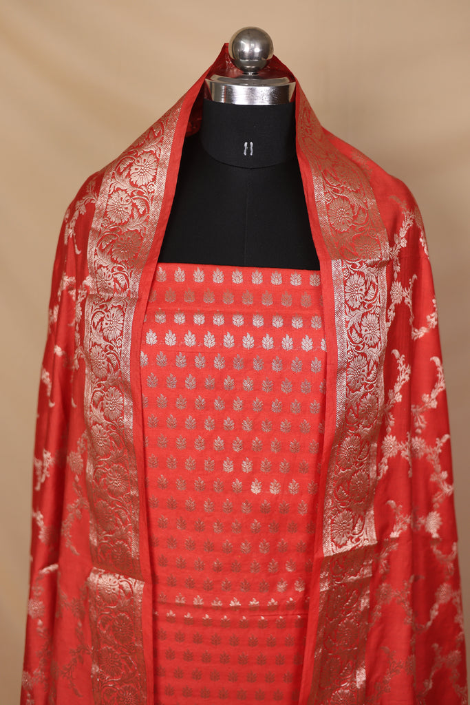 Tomato Red Banarasi Silk Unstitched Suit Set