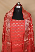 Load image into Gallery viewer, Tomato Red Banarasi Silk Unstitched Suit Set