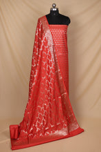 Load image into Gallery viewer, Tomato Red Banarasi Silk Unstitched Suit Set