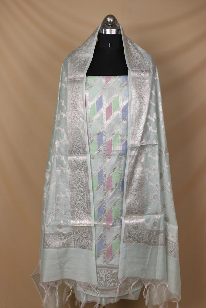 Ice Blue Multi Cotton Silk Unstitched Suit Set