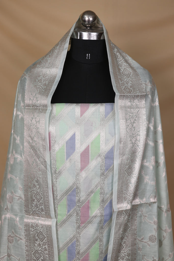 Ice Blue Multi Cotton Silk Unstitched Suit Set