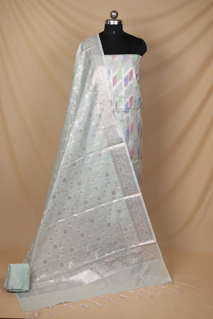 Ice Blue Multi Cotton Silk Unstitched Suit Set
