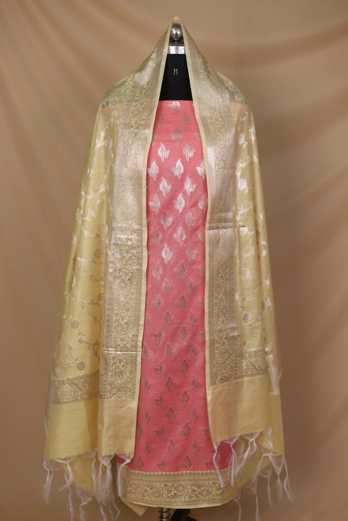 Peach Lemon Yellow Cotton Silk Unstitched Suit Set