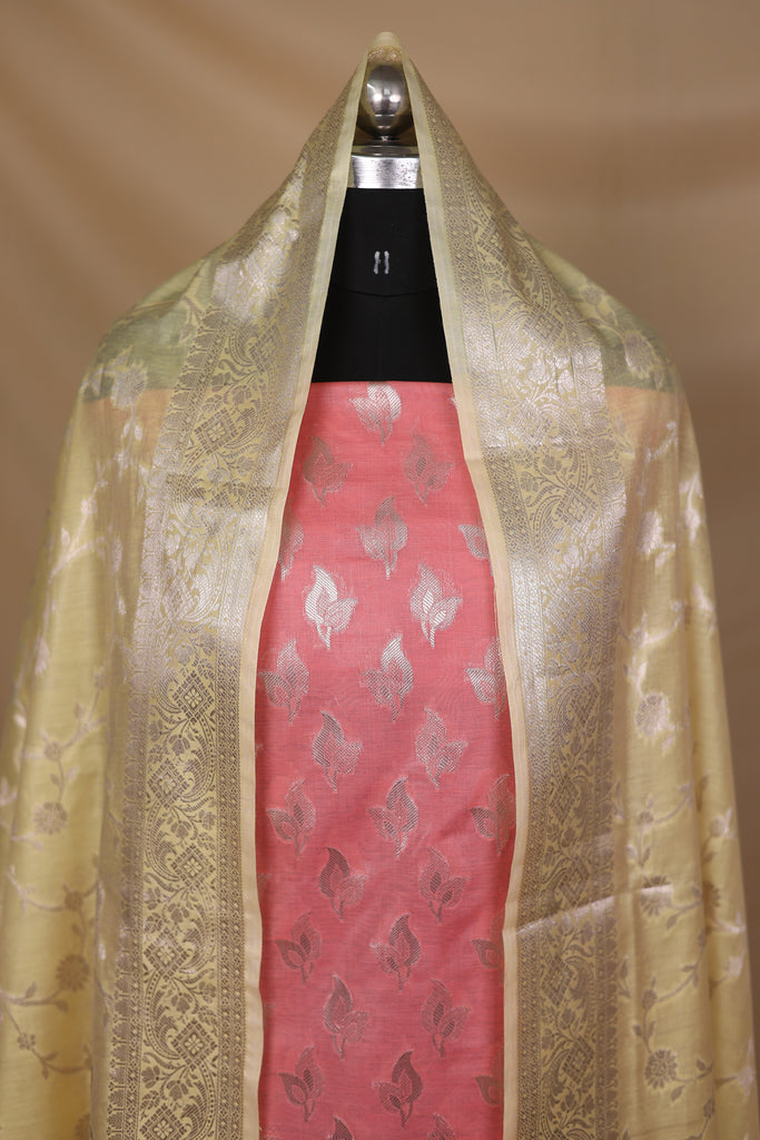 Peach Lemon Yellow Cotton Silk Unstitched Suit Set