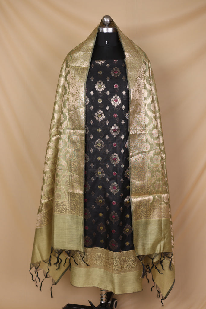 Black Olive Green Cotton Silk Unstitched Suit Set