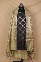 Load image into Gallery viewer, Black Olive Green Cotton Silk Unstitched Suit Set