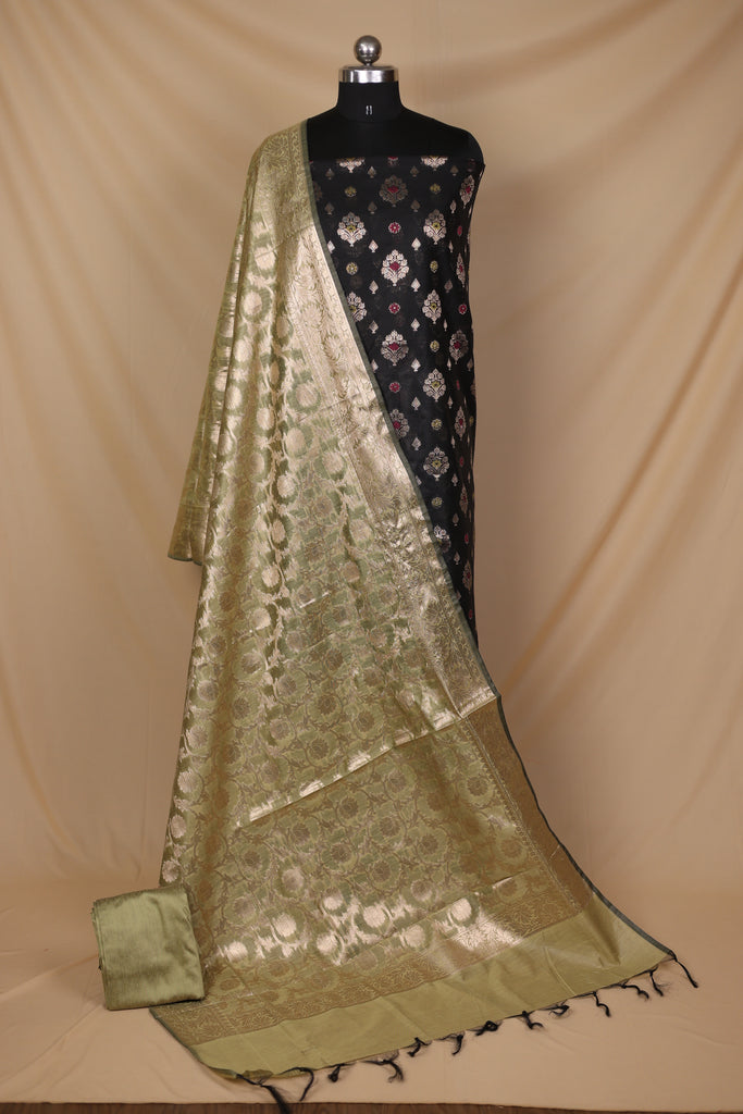 Black Olive Green Cotton Silk Unstitched Suit Set