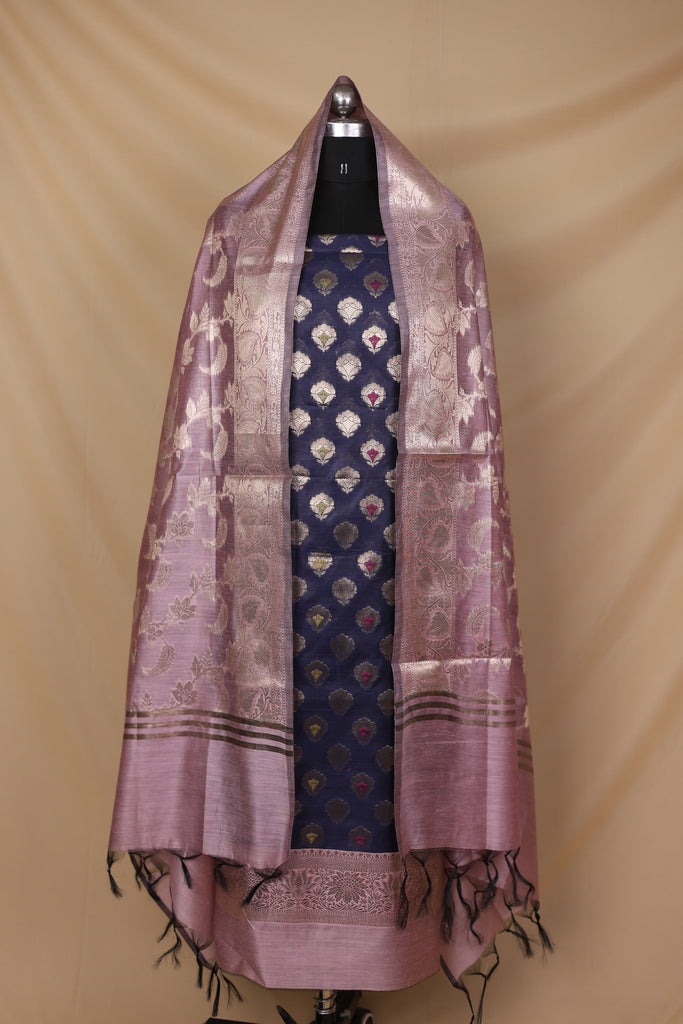 Navy Blue Lilac Cotton Silk Unstitched Suit Set