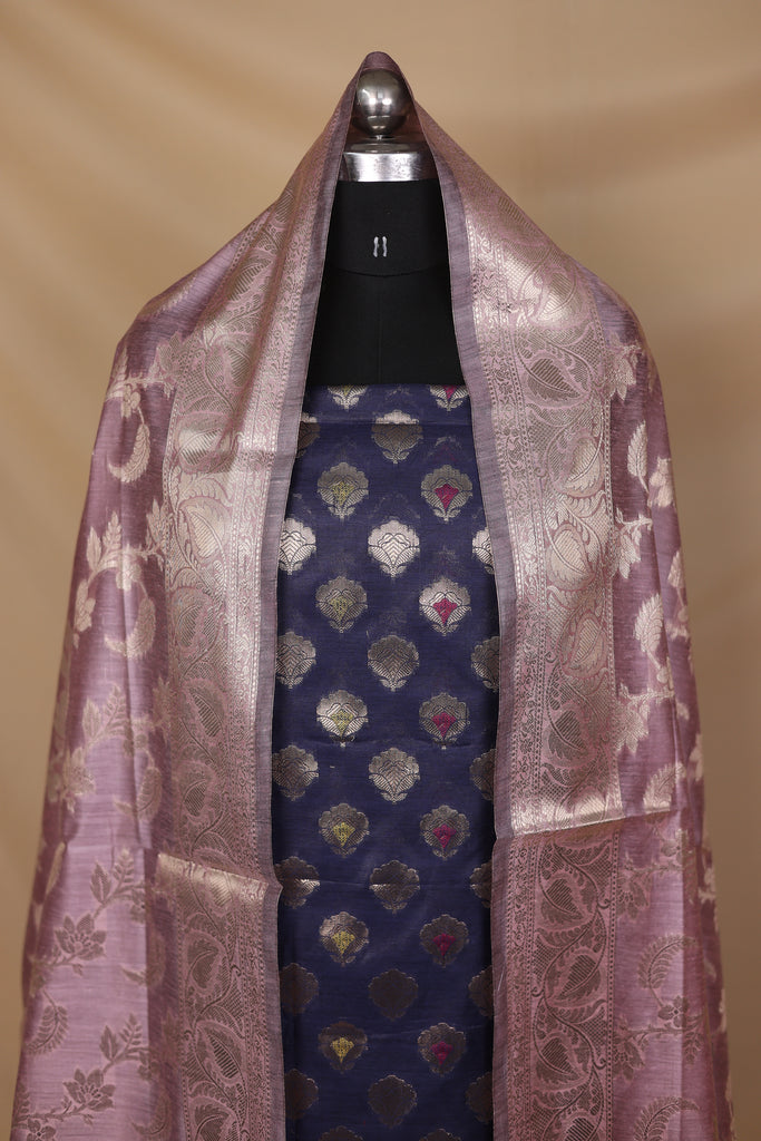 Navy Blue Lilac Cotton Silk Unstitched Suit Set