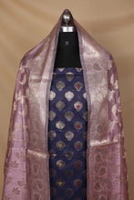 Load image into Gallery viewer, Navy Blue Lilac Cotton Silk Unstitched Suit Set