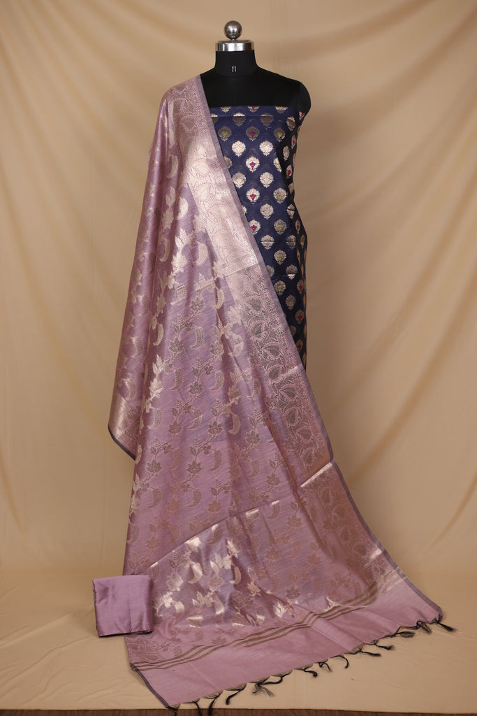 Navy Blue Lilac Cotton Silk Unstitched Suit Set