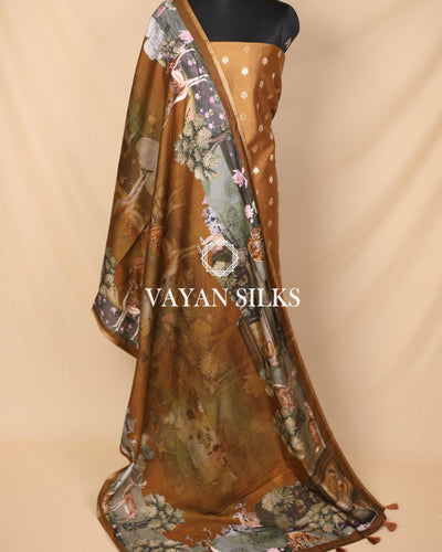 Brown Banarasi Silk Unstitched Suit Set