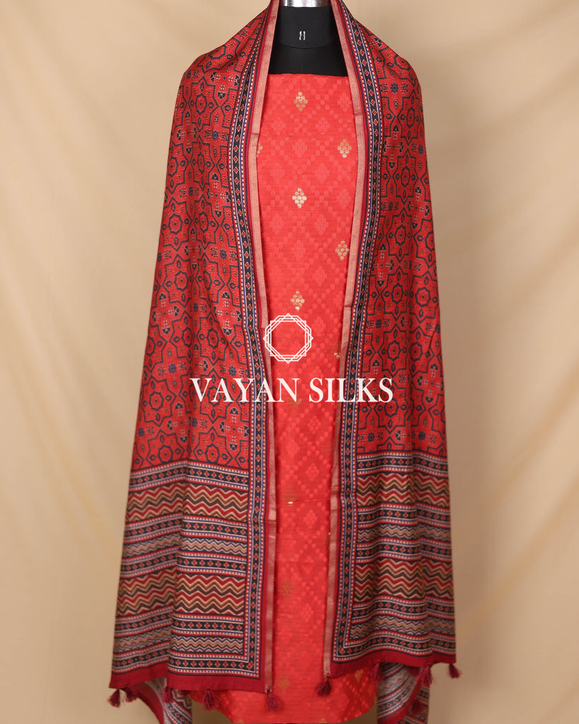 Red Banarasi Silk Unstitched Suit Set