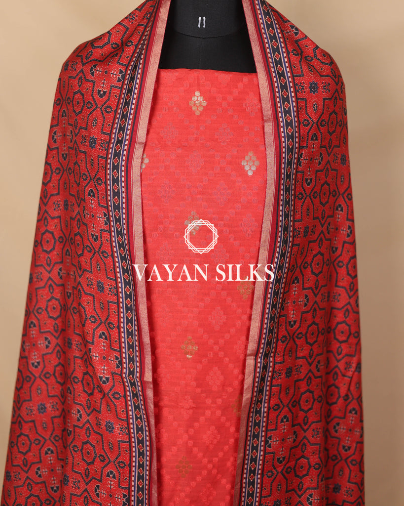 Red Banarasi Silk Unstitched Suit Set