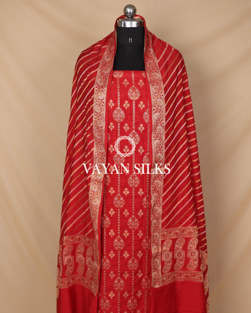 Red Moonga Silk Unstitched Suit Set