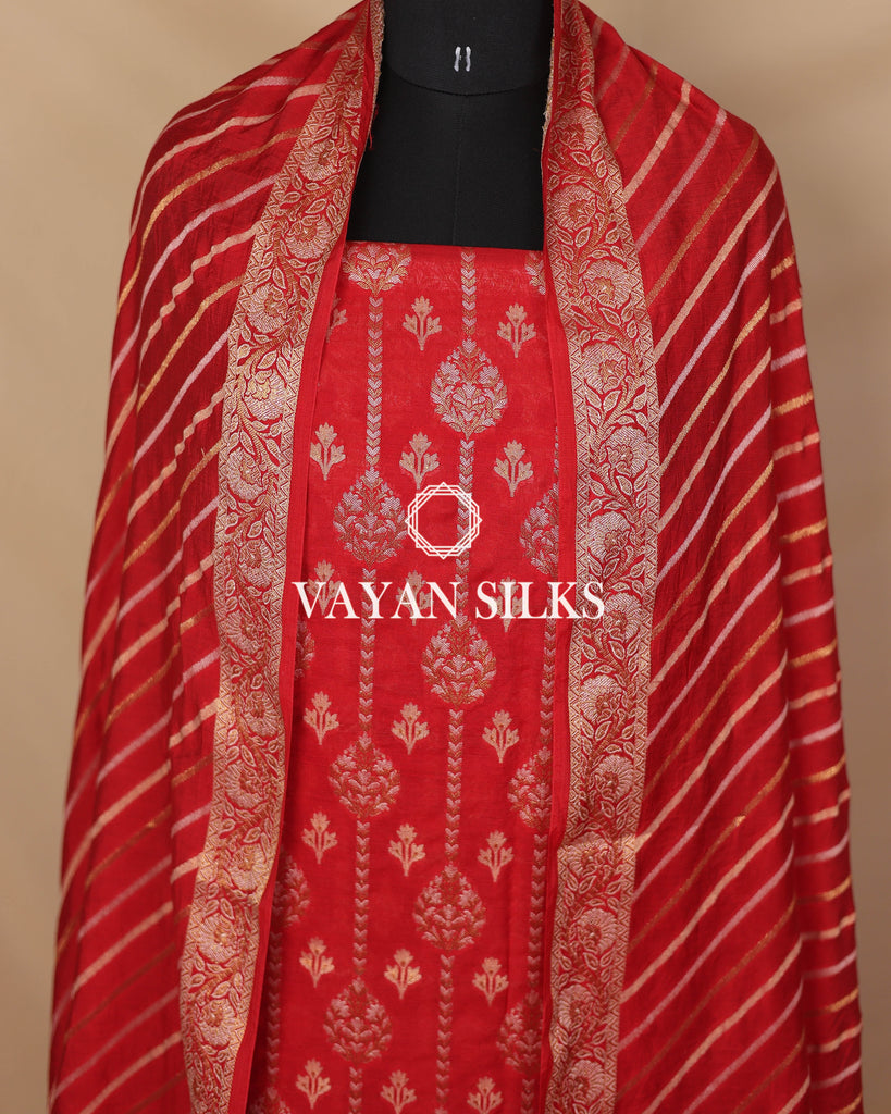 Red Moonga Silk Unstitched Suit Set