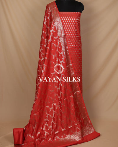 Tomato Red Banarasi Silk Unstitched Suit Set
