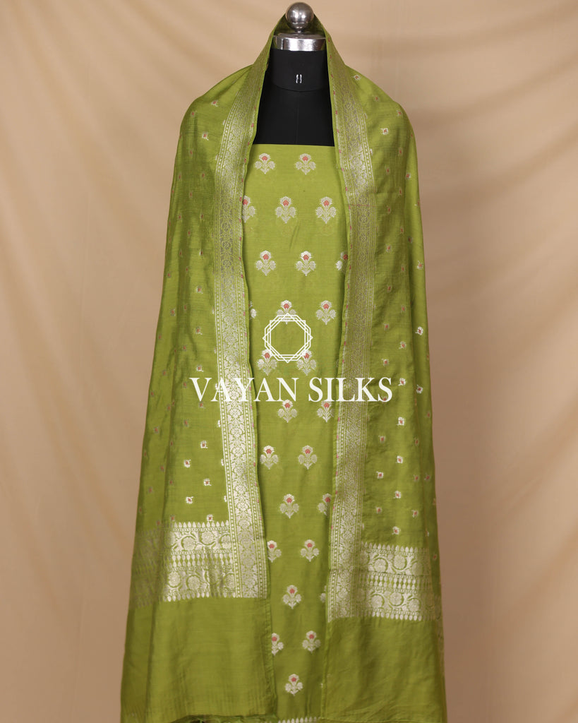 Green Moonga Silk Unstitched Suit Set