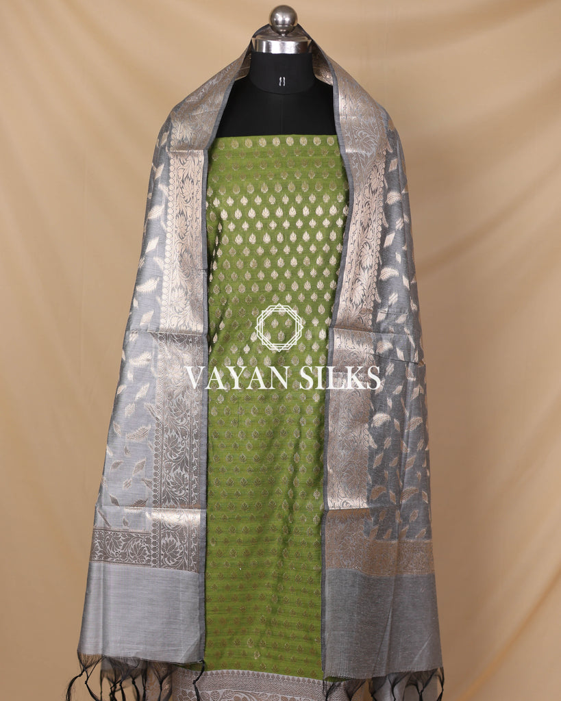Olive Green Grey Cotton Silk Unstitched Suit Set