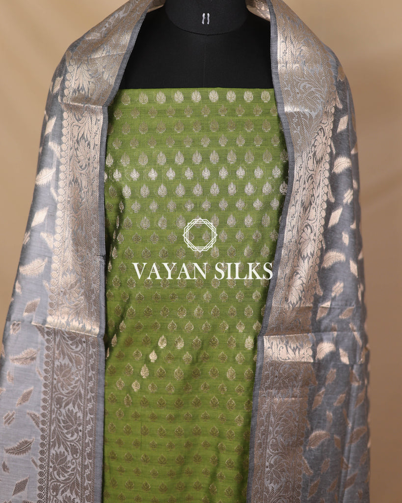 Olive Green Grey Cotton Silk Unstitched Suit Set