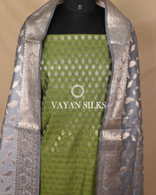 Load image into Gallery viewer, Olive Green Grey Cotton Silk Unstitched Suit Set