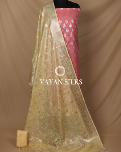 Peach Lemon Yellow Cotton Silk Unstitched Suit Set