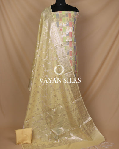 Lemon Yellow Multi Cotton Silk Unstitched Suit Set