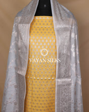Load image into Gallery viewer, Yellow Greyish Blue Cotton Silk Unstitched Suit Set