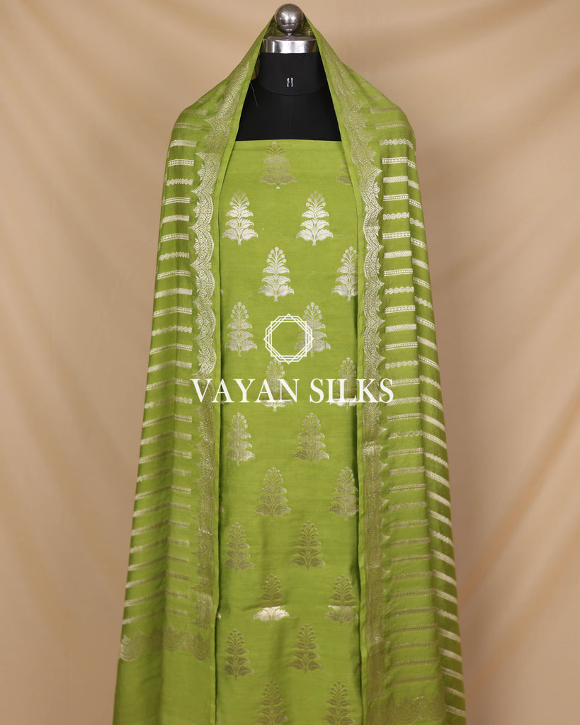 Olive Green Moonga Silk Unstitched Suit Set