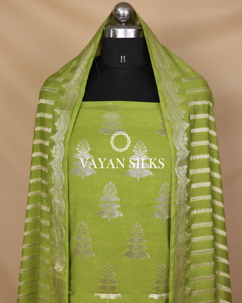 Olive Green Moonga Silk Unstitched Suit Set