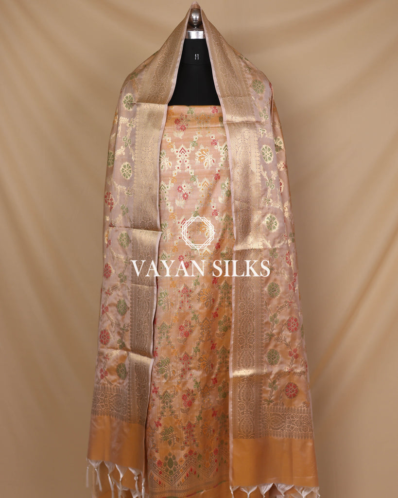 Peach Banarasi Silk Unstitched Suit Set
