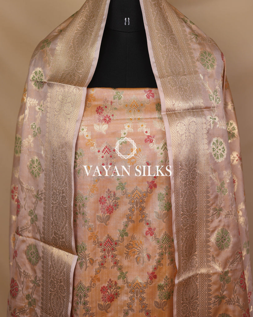 Peach Banarasi Silk Unstitched Suit Set