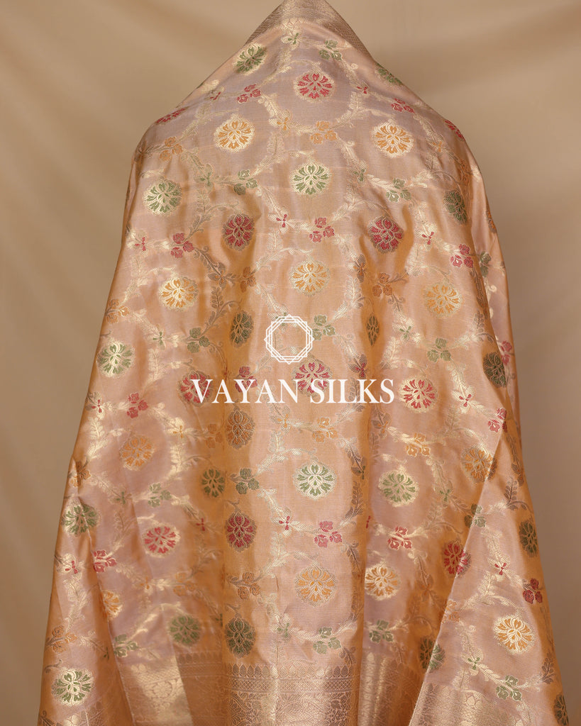 Peach Banarasi Silk Unstitched Suit Set