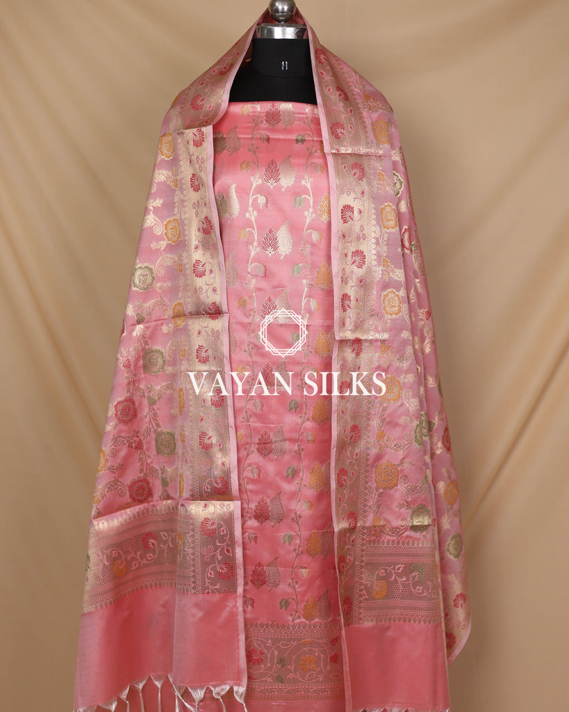 Pink Banarasi Silk Unstitched Suit Set