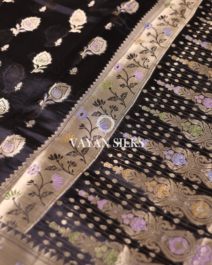 Black Pure Dupion Katan Silk Saree