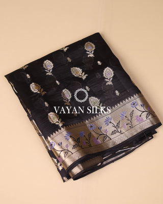 Black Pure Dupion Katan Silk Saree